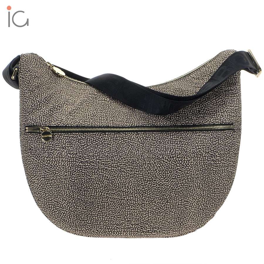 Borbonese Luna Medium Hobo Di Nylon Riciclato OP Naturale/Nero 934109I15  X11 shoulder bag | iGetaBrand